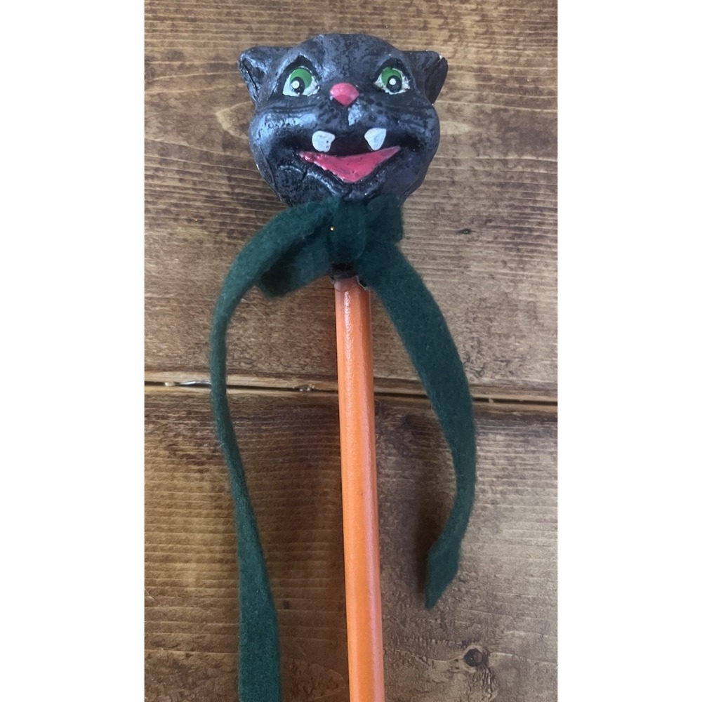 Vintage Halloween Black Vampire Cat Parade Wand Folk Art Composition ?